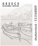 Original black and white sketch hand drawing of town Nafplion, Peloponnese, Greece. Travel card, vector illustration. Vintage style