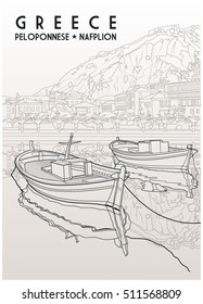 Original black and white sketch hand drawing of town Nafplion, Peloponnese, Greece. Travel card, vector illustration. Vintage style