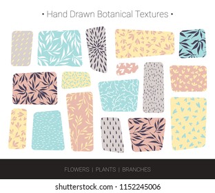 Original botanic textures. Hand drawn vector branch, flower, stem, leaf, twig patterns. Botanical design elements for organic branding, invitation, greeting card, fashion textile and floral prints.