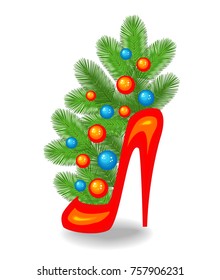 An original bouquet of Christmas tree branches. It is placed in a female red shoe. Traditional symbol of the New Year. Decorated with bright balls. Vector illustration.