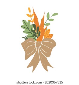 Original bouquet of ripe carrots and autumn fallen leaves. Festive decoration for the harvest day. Cute cartoon vegetable arrangement with a big bow for a Thanksgiving gift. Element, clipart, item.