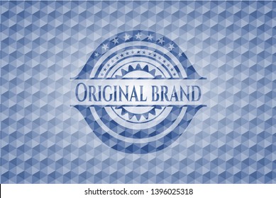 Original Brand blue emblem or badge with abstract geometric pattern background. Vector Illustration. Detailed.