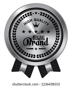 Original Brand. Vector Silver Badge with Ribbons.