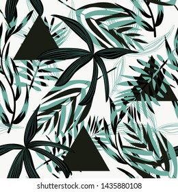 Original bright seamless pattern with colorful tropical leaves and plants on white background. Vector design. Jungle print. Floral background. Printing and textiles. Exotic tropics. Summer design.