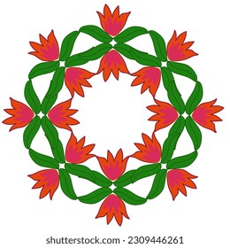  Original bright vector abstract pattern in the form of red flowers and green leaves arranged in a circle