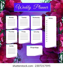 An original, bright weekly planner, peonies with watercolor spots are used in the background. Vector illustration. Perfect for summer plans.