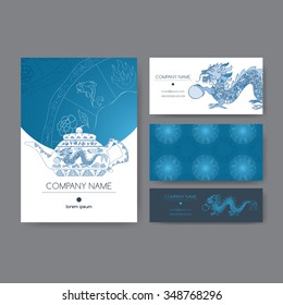 Original business set featuring oriental ornament and hand drawn Chinese tea pot. Includes brochure and business card designs. Great for tea trading companies, menu design, cafe, bars, tea ads.
