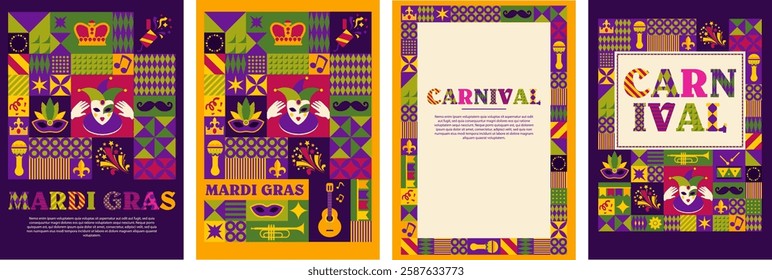 Original carnival poster with vibrant colors, decorative patterns, and stylized Mardi Gras elements. A unique vector illustration.