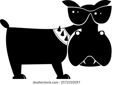 Original cartoon dog illustration. Funny dog in sunglasses. Black and white illustration	