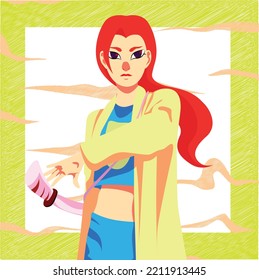 original cartoon red-haired asian swordswoman