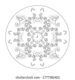 Original cat heads around a clock, with cat paws. Mandala coloring page. Vector.