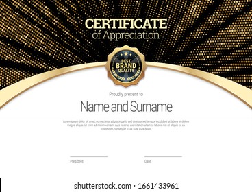 Original certificate template. Against the backdrop of a stylish flash of gold sparkling from the center on a black background. Diploma of modern design. Quality look. Vector illustration