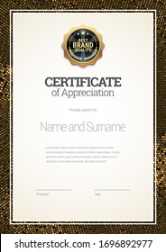 Original certificate template. Against the backdrop of a stylish flash of gold sparkling from the center on a black background. Diploma of modern design. Quality look. Vector illustration