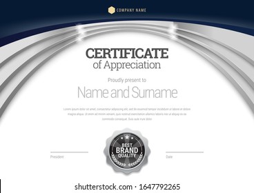 Plantilla de certificado original. Elegante joyería de plata con brillantes elementos 3D. Diploma de diseño moderno. Calidad. El tema es la tecnología avanzada o la formación. Ilustración del vector