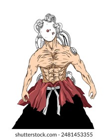 Original character of a man with his head full of mechanical cables