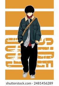 Original character of a walking asian man with jacket, sling bag, over sized trouser, and casual shoes