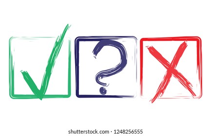 Original Check Marks Set in Square Boxes. Brush Grunge Tick, Cross and Question Mark Icons Vector Design. Voting Icons Elements Isolated on White. New Test Marks Collection. EPS 10.