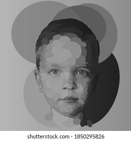 Original children's portrait of a boy, made in the style of circles and ovals. Portrait of a little boy.