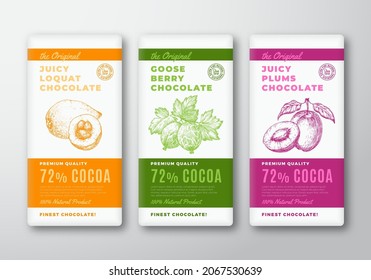 The Original Chocolate Abstract Vector Packaging Design Labels Set. Modern Typography and Hand Drawn Loquat, Gooseberry Berries and Plum Fruit Sketch Silhouette Background Layouts Collection Isolated.