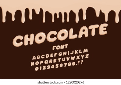 Original chocolate font and drops of dripping chocolate for printing, banners, postcards. Vector Illustration