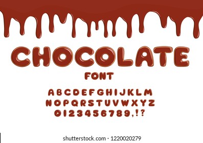 Original chocolate font and drops of dripping chocolate for printing, banners, postcards. Vector Illustration