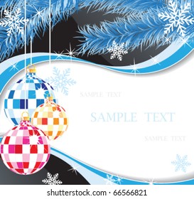 Original Christmas balls on the wavy sparkling background.