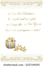 Original Christmas decorative frame. Patterns and snowflakes. Turquoise background. Gift and poddub berries. Merry Christmas and Happy New Year text. Vector digital illustration. Holiday season. 