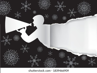 
Original Christmas gift tag.
Man advertises or sells shouts in a megaphone on the black paper christmas background with place for your text or image. Vector available