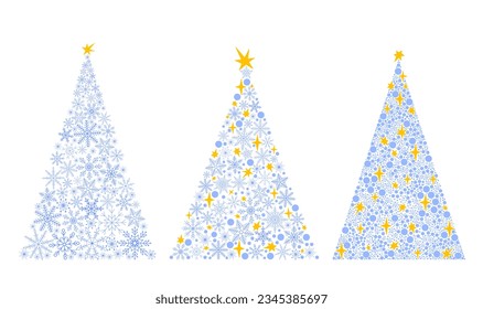 Original Christmas trees made of snowflakes set, polka dots and stars simple hand drawn cartoon vector illustration, New Year holiday celebration concept for greeting card, invitation, poster, banner