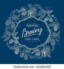 Original circle two colored figured frame ornament card with hop berries and stems with inscription about traditional brewery light lager on blue background doodle vector illustration.