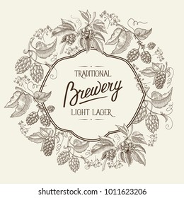 Original circle two colored filigree frame ornament postcard with hop berries and stems with inscription about traditional brewery light lager in the centre hand drawn doodle vector illustration.