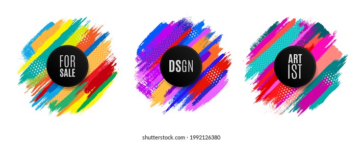 Original circular emblem by paint brush, colorful background. Vector illustration set