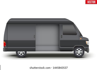 Original classic van VIP black minibus with door open. Cargo and service van transportation. Editable Vector illustration Isolated on white background.