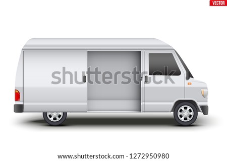 Original classic van white minibus with opened door. Cargo and service van transportation. Editable Vector illustration Isolated on white background.