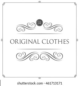 Original clothes label with button. Tailor logo. Vector illustration. filigree divider vintage frame. Vintage elements and page decoration. Ornate frames and scroll element.