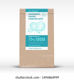 The Original Coconut Chips Chocolate. Craft Paper Bag Product Label. Abstract Vector Packaging Design Layout with Realistic Shadows. Modern Typography and Hand Drawn Coco Nuts Silhouette. Isolated.