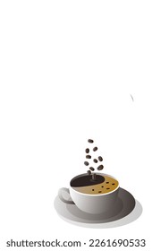 Los granos de café originales caen en la elaboración de café caliente.  el café se sirve en una taza.