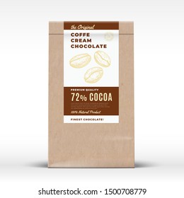 The Original Coffee Cream Chocolate. Craft Paper Bag Product Label. Abstract Vector Packaging Design Layout with Realistic Shadows. Modern Typography and Hand Drawn Coffee Beans Silhouette. Isolated.