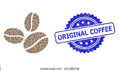 Original Coffee unclean stamp and vector recursive mosaic coffee beans. Blue stamp has Original Coffee text inside rosette. Vector mosaic is made of recursive rotated coffee beans items.