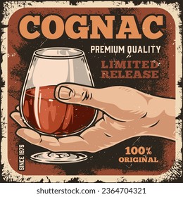 Original cognac vintage sticker colorful with glass filled with premium quality alcoholic drink in person hand vector illustration