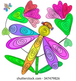Original color dragonfly on a background of flowers.