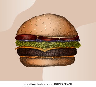 Original color illustration of Burger with cutlet, cheese, salad, onion, tomatoes in vintage style