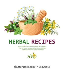 Original color illustration of medicinal herbs in clay mortar with pestle for decorating herbal recipes vector illustration