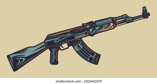 Ilustração de vetor de cor original de armas automáticas em estilo vintage