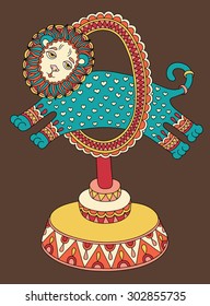 original colored line art drawing of circus theme - a lion jumps through a ring, vector illustration
