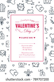 Original colored square frame card with many small hearts, envelopes and others symbols around the text on the white background vector illustration