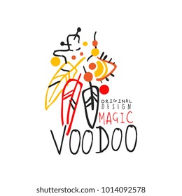 Original colorful design of Voodoo African and American magic label with feathers. Culture and religion concept. Hand drawn mystical vector illustration
