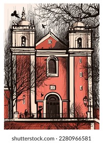 Original and Colorful representation of Church Santos-O-Velho, in Lisbon, Portugal - vector illustration (Ideal for printing, poster or wallpaper, house decoration) 

