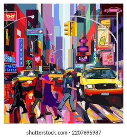 Original and colorful representation of Times Square in New York - vector illustration (Ideal for printing on fabric or paper, poster or wallpaper, house decoration)
