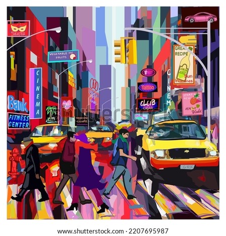 Original and colorful representation of Times Square in New York - vector illustration (Ideal for printing on fabric or paper, poster or wallpaper, house decoration)
